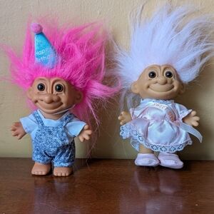 2 Birthday Troll Dolls, Vintage Doll 5in Pink Hair,  Birthday Hat & Sweet 16